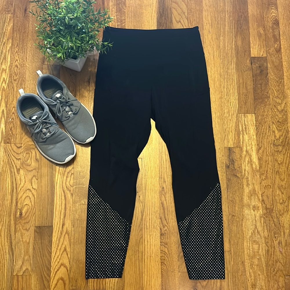 Zyia Active Womens 8 10 Athletic Athleisure Black Silver Polka Dot Leggings